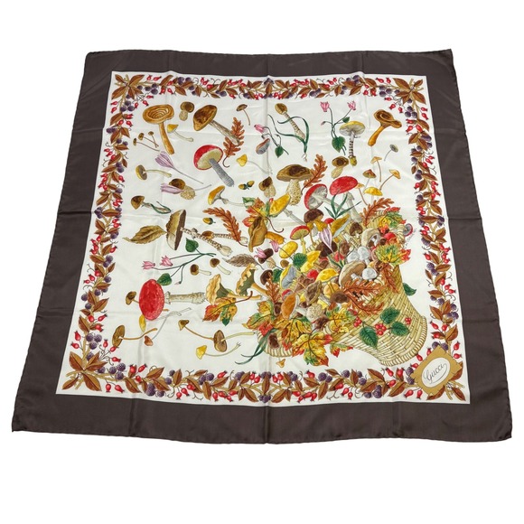 Gucci Accessories - GUCCI Silk Scarf Mushroom Fungi Psychedelic Basket 34" V. Accornero Brown RARE